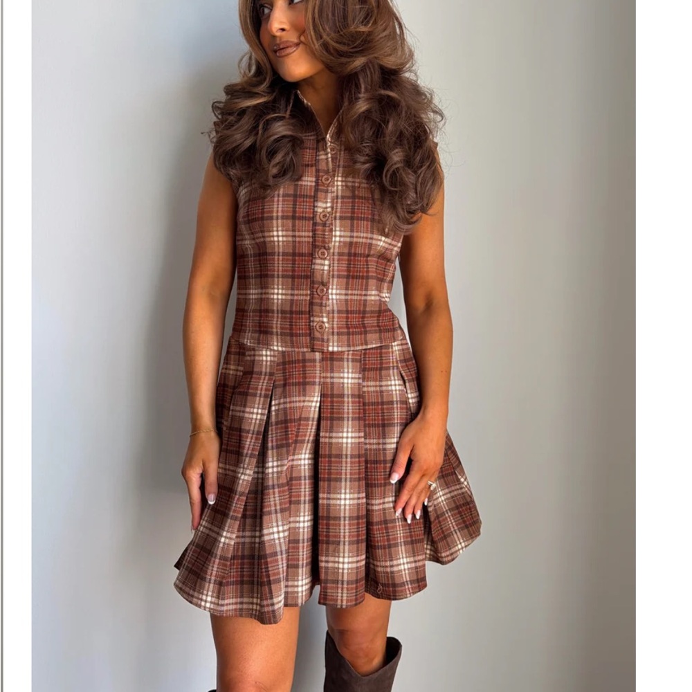 🎃 caramel butter plaid mini dress size M